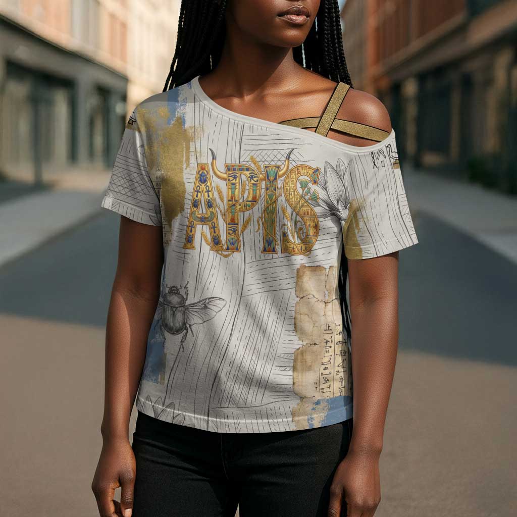 Apis Ancient Egyptian Cross Shoulder Shirt with Beige-Gray Hieroglyphic, Ornate Bull Head, and Gold-Blue Typography - African Pride