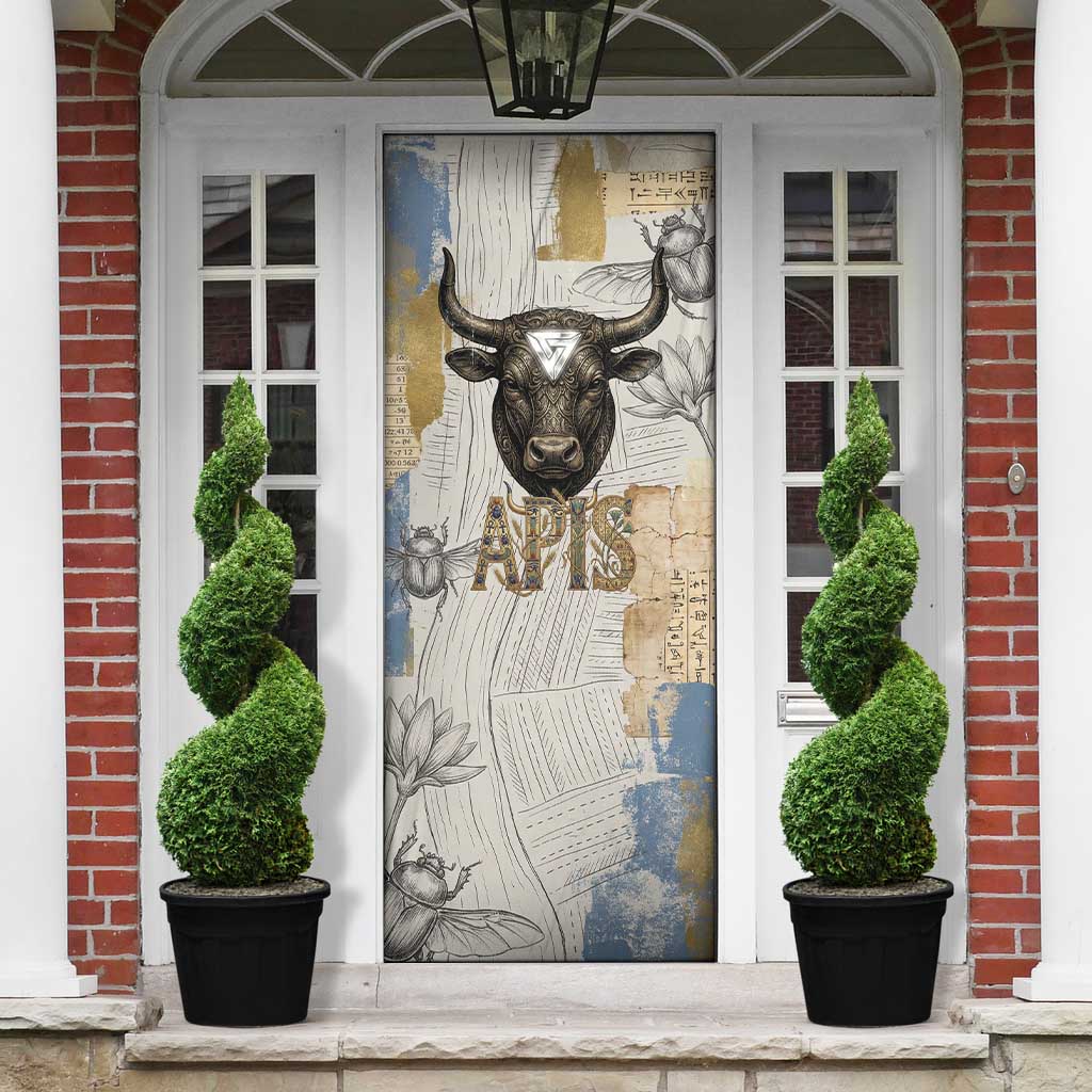 Apis Ancient Egyptian Door Cover with Beige-Gray Hieroglyphic, Ornate Bull Head, and Gold-Blue Typography - African Pride