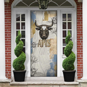 Apis Ancient Egyptian Door Cover with Beige-Gray Hieroglyphic, Ornate Bull Head, and Gold-Blue Typography - African Pride