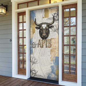Apis Ancient Egyptian Door Cover with Beige-Gray Hieroglyphic, Ornate Bull Head, and Gold-Blue Typography - African Pride