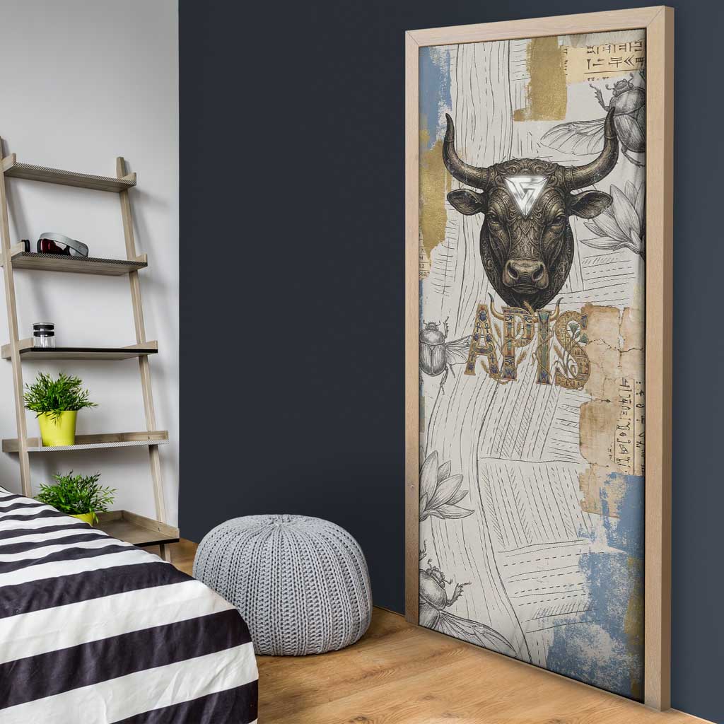 Apis Ancient Egyptian Door Cover with Beige-Gray Hieroglyphic, Ornate Bull Head, and Gold-Blue Typography - African Pride