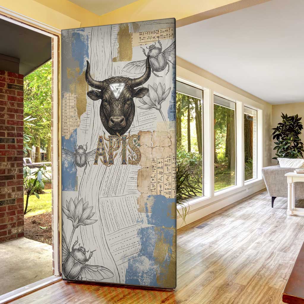 Apis Ancient Egyptian Door Cover with Beige-Gray Hieroglyphic, Ornate Bull Head, and Gold-Blue Typography - African Pride