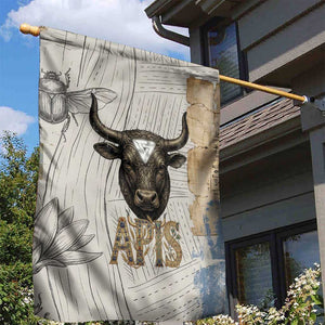 Apis Ancient Egyptian Garden Flag with Beige-Gray Hieroglyphic, Ornate Bull Head, and Gold-Blue Typography - African Pride