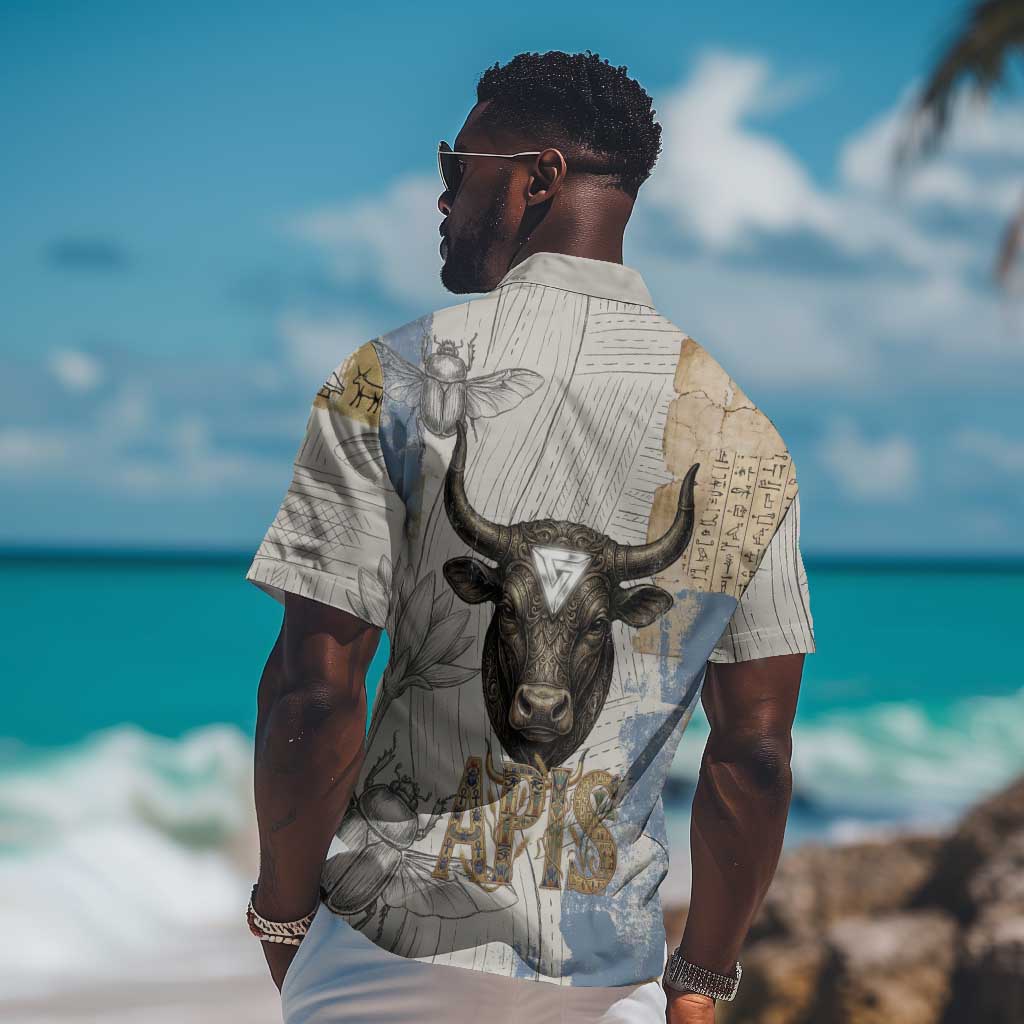 Apis Ancient Egyptian Hawaiian Shirt with Beige-Gray Hieroglyphic, Ornate Bull Head, and Gold-Blue Typography - African Pride