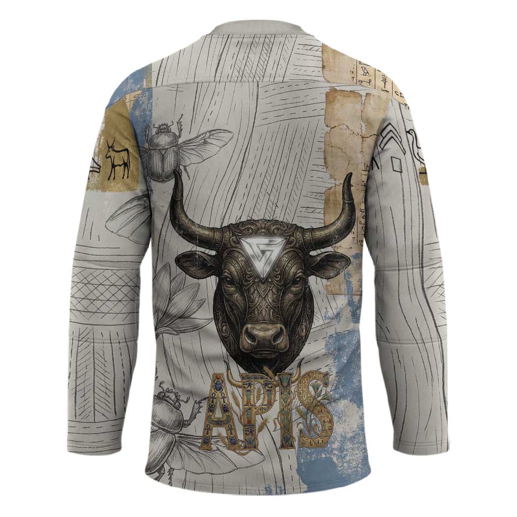 Apis Ancient Egyptian Hockey Jersey with Beige-Gray Hieroglyphic, Ornate Bull Head, and Gold-Blue Typography - African Pride