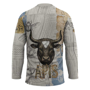 Apis Ancient Egyptian Hockey Jersey with Beige-Gray Hieroglyphic, Ornate Bull Head, and Gold-Blue Typography - African Pride