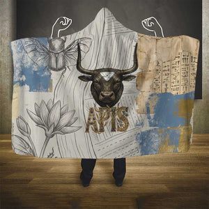 Apis Ancient Egyptian Hooded Blanket with Beige-Gray Hieroglyphic, Ornate Bull Head, and Gold-Blue Typography - African Pride