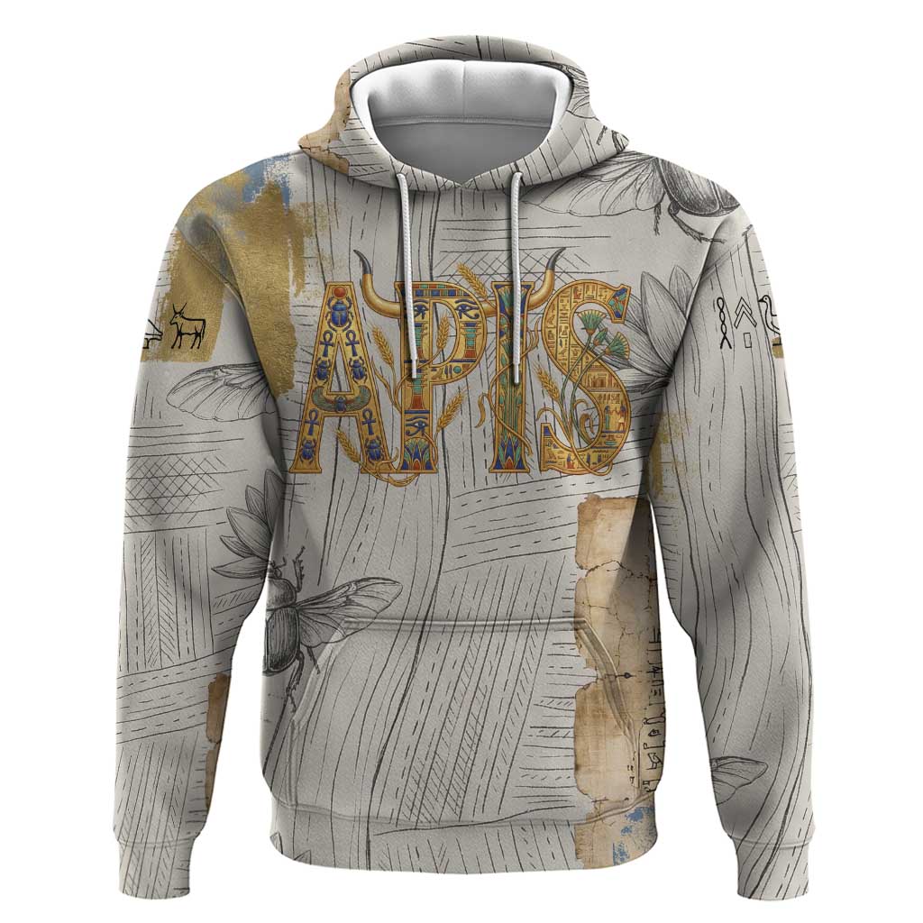 Apis Ancient Egyptian Hoodie with Beige-Gray Hieroglyphic, Ornate Bull Head, and Gold-Blue Typography - African Pride