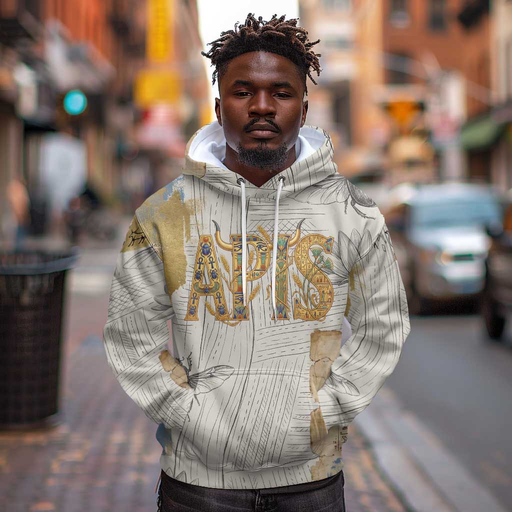 Apis Ancient Egyptian Hoodie with Beige-Gray Hieroglyphic, Ornate Bull Head, and Gold-Blue Typography - African Pride