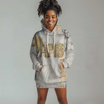Apis Ancient Egyptian Hoodie Dress with Beige-Gray Hieroglyphic, Ornate Bull Head, and Gold-Blue Typography - African Pride