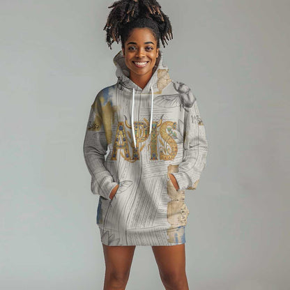 Apis Ancient Egyptian Hoodie Dress with Beige-Gray Hieroglyphic, Ornate Bull Head, and Gold-Blue Typography - African Pride