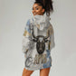 Apis Ancient Egyptian Hoodie Dress with Beige-Gray Hieroglyphic, Ornate Bull Head, and Gold-Blue Typography - African Pride