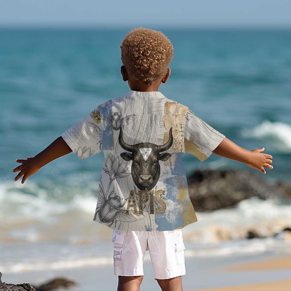 Apis Ancient Egyptian Kid Hawaiian Shirt with Beige-Gray Hieroglyphic, Ornate Bull Head, and Gold-Blue Typography - African Pride