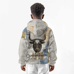 Apis Ancient Egyptian Kid Hoodie with Beige-Gray Hieroglyphic, Ornate Bull Head, and Gold-Blue Typography - African Pride