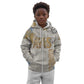 Apis Ancient Egyptian Kid Hoodie with Beige-Gray Hieroglyphic, Ornate Bull Head, and Gold-Blue Typography - African Pride