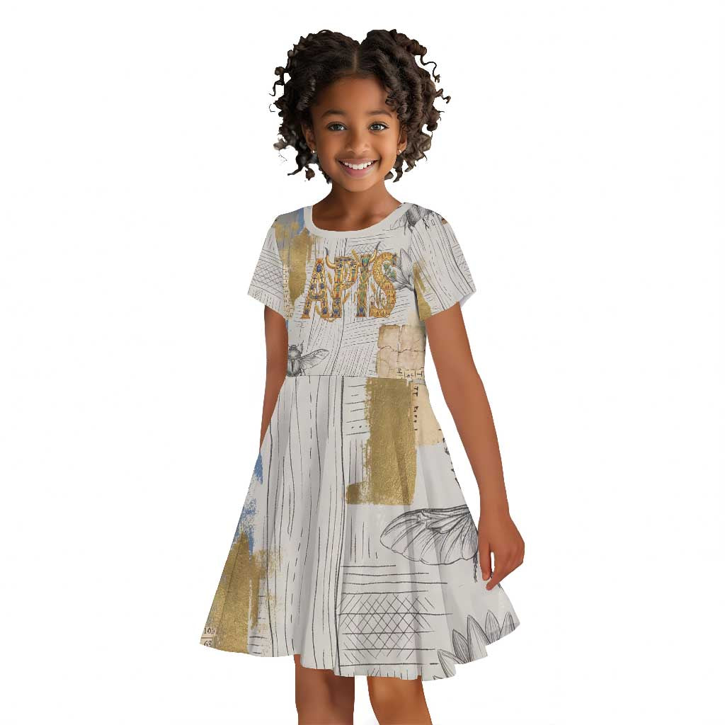 Apis Ancient Egyptian Kid Short Sleeve Dress with Beige-Gray Hieroglyphic, Ornate Bull Head, and Gold-Blue Typography - African Pride