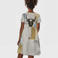 Apis Ancient Egyptian Kid Short Sleeve Dress with Beige-Gray Hieroglyphic, Ornate Bull Head, and Gold-Blue Typography - African Pride