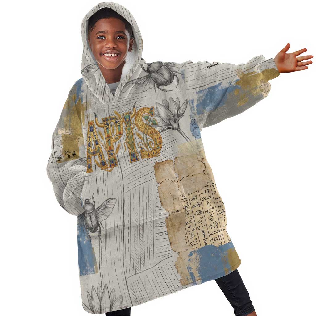 Apis Ancient Egyptian Kid Wearable Blanket Hoodie with Beige-Gray Hieroglyphic, Ornate Bull Head, and Gold-Blue Typography - African Pride
