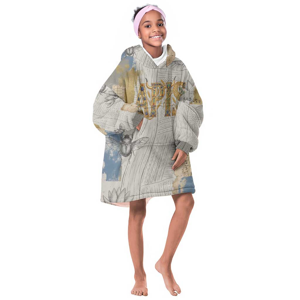 Apis Ancient Egyptian Kid Wearable Blanket Hoodie with Beige-Gray Hieroglyphic, Ornate Bull Head, and Gold-Blue Typography - African Pride