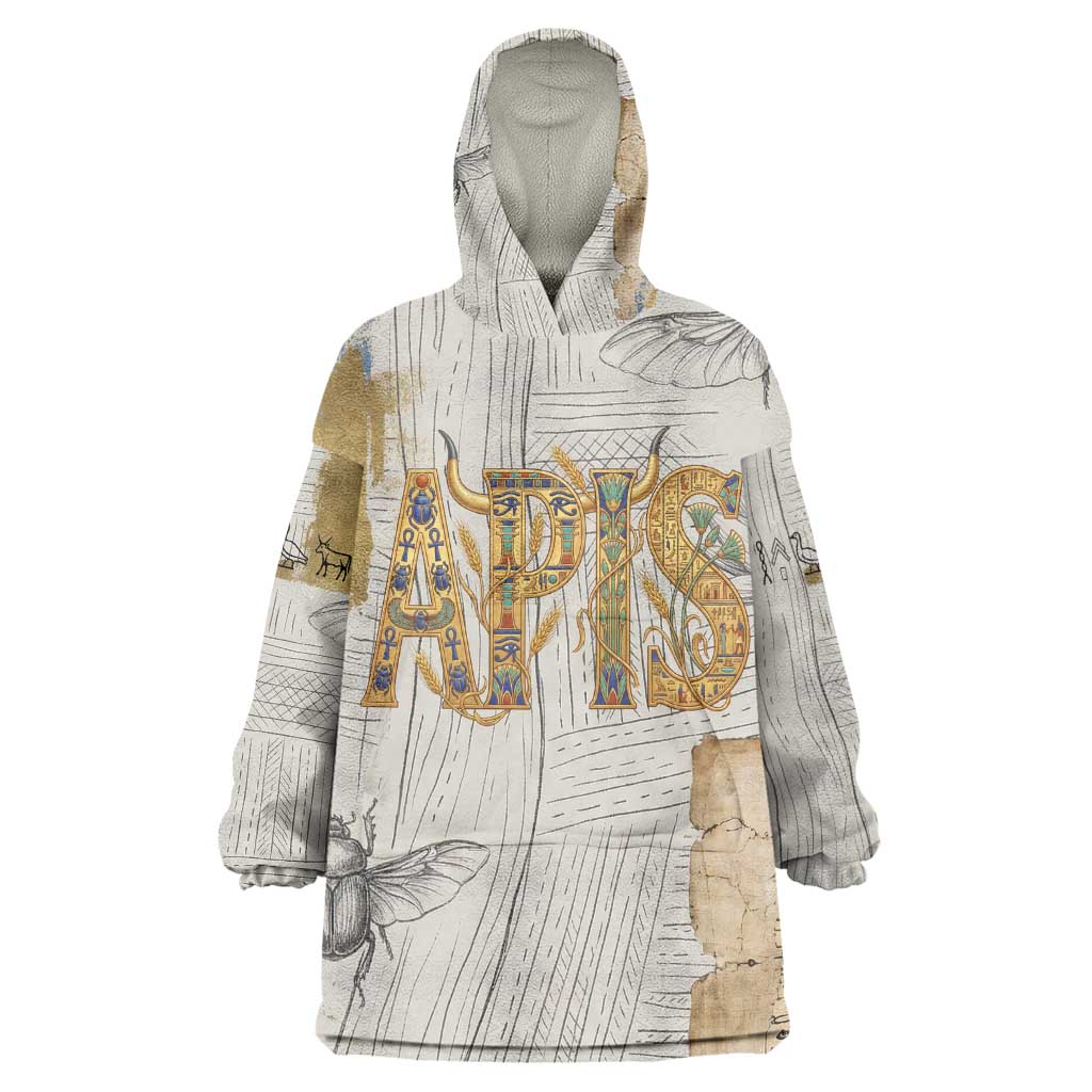 Apis Ancient Egyptian Kid Wearable Blanket Hoodie with Beige-Gray Hieroglyphic, Ornate Bull Head, and Gold-Blue Typography - African Pride