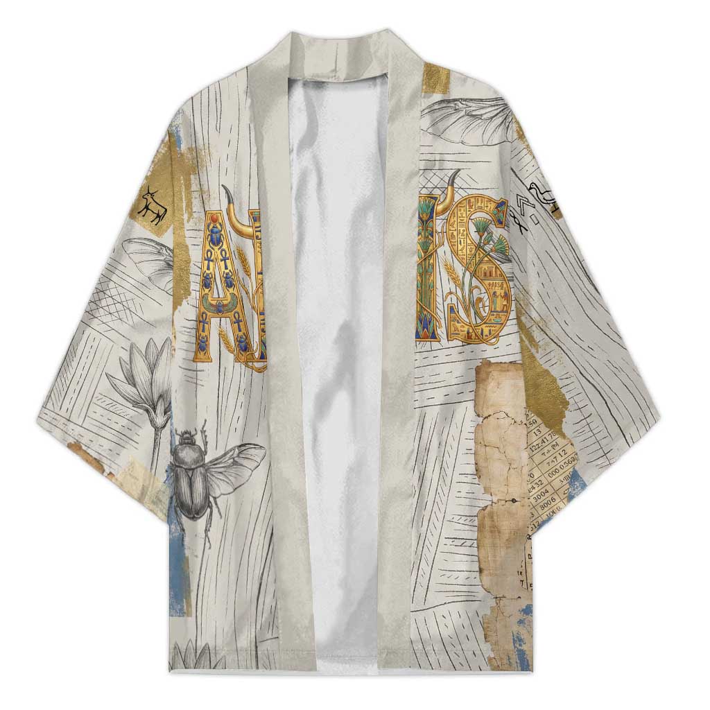Apis Ancient Egyptian Kimono with Beige-Gray Hieroglyphic, Ornate Bull Head, and Gold-Blue Typography - African Pride