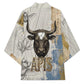 Apis Ancient Egyptian Kimono with Beige-Gray Hieroglyphic, Ornate Bull Head, and Gold-Blue Typography - African Pride