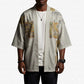 Apis Ancient Egyptian Kimono with Beige-Gray Hieroglyphic, Ornate Bull Head, and Gold-Blue Typography - African Pride