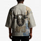 Apis Ancient Egyptian Kimono with Beige-Gray Hieroglyphic, Ornate Bull Head, and Gold-Blue Typography - African Pride