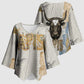 Apis Ancient Egyptian Kimono Sleeve Blouse with Beige-Gray Hieroglyphic, Ornate Bull Head, and Gold-Blue Typography - African Pride