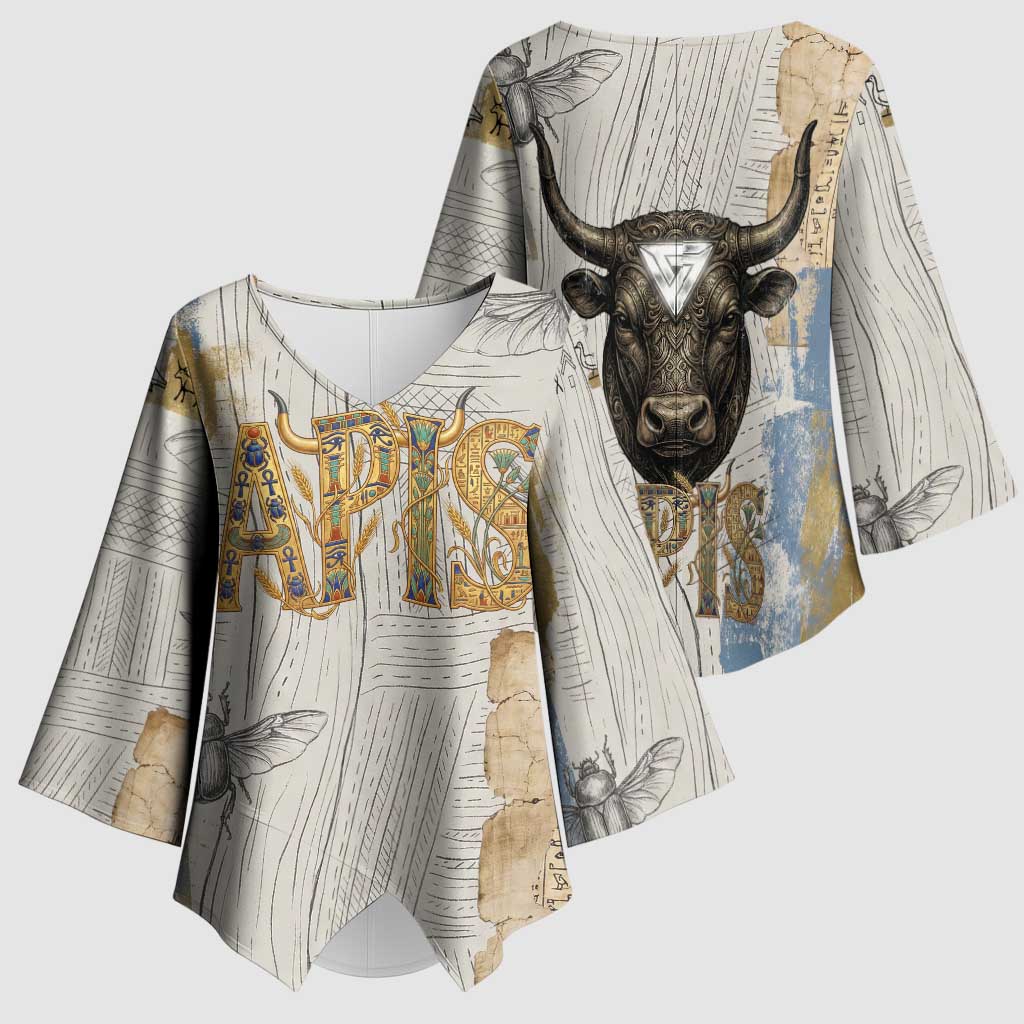 Apis Ancient Egyptian Kimono Sleeve Blouse with Beige-Gray Hieroglyphic, Ornate Bull Head, and Gold-Blue Typography - African Pride