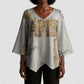 Apis Ancient Egyptian Kimono Sleeve Blouse with Beige-Gray Hieroglyphic, Ornate Bull Head, and Gold-Blue Typography - African Pride