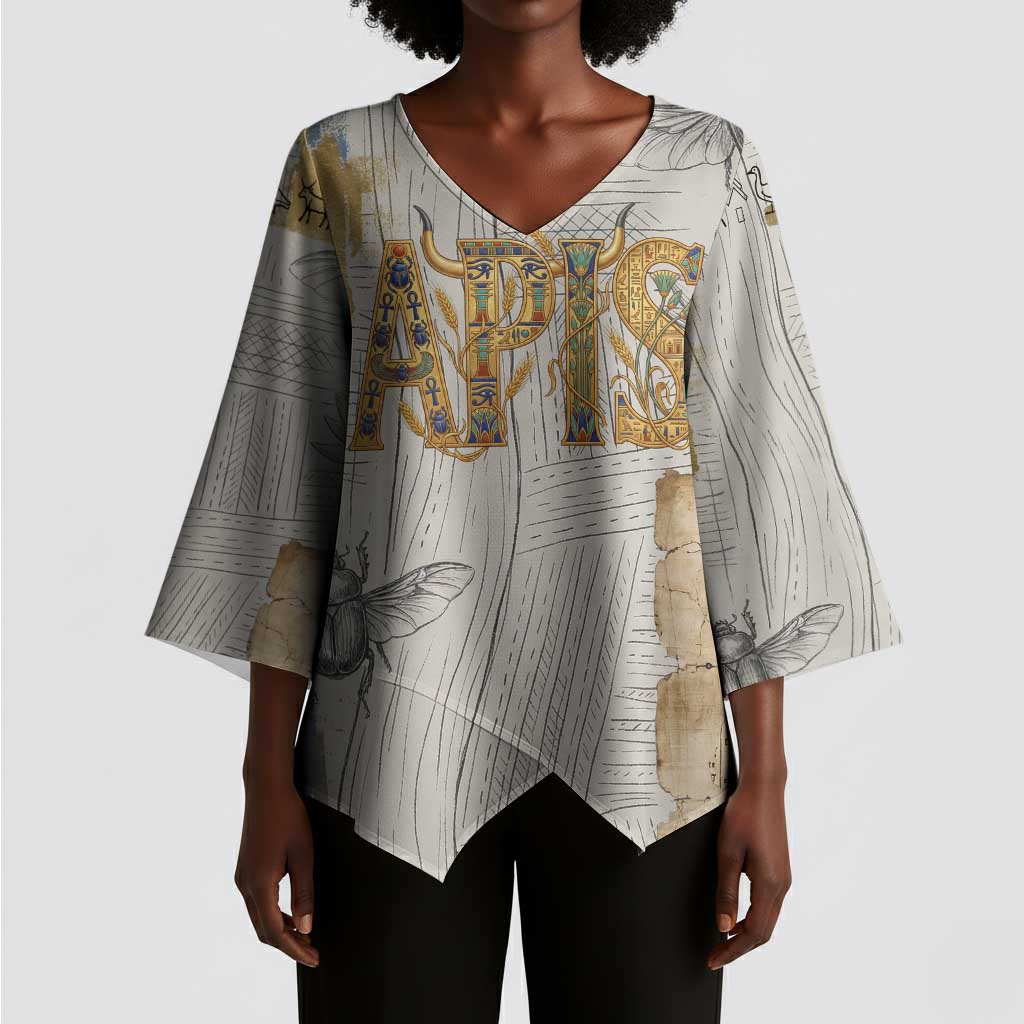 Apis Ancient Egyptian Kimono Sleeve Blouse with Beige-Gray Hieroglyphic, Ornate Bull Head, and Gold-Blue Typography - African Pride
