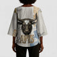 Apis Ancient Egyptian Kimono Sleeve Blouse with Beige-Gray Hieroglyphic, Ornate Bull Head, and Gold-Blue Typography - African Pride