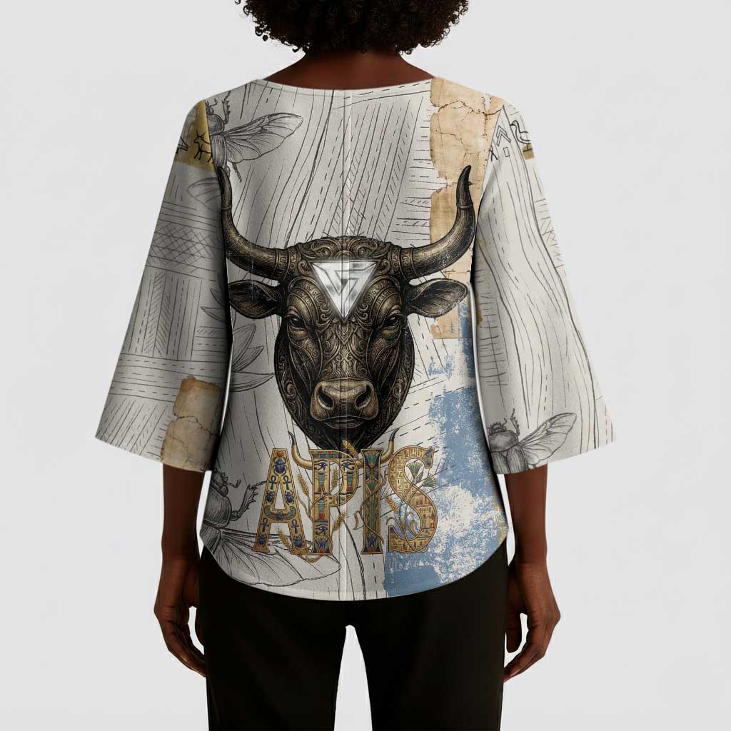 Apis Ancient Egyptian Kimono Sleeve Blouse with Beige-Gray Hieroglyphic, Ornate Bull Head, and Gold-Blue Typography - African Pride