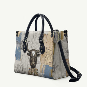 Apis Ancient Egyptian Leather Bag with Beige-Gray Hieroglyphic, Ornate Bull Head, and Gold-Blue Typography - African Pride