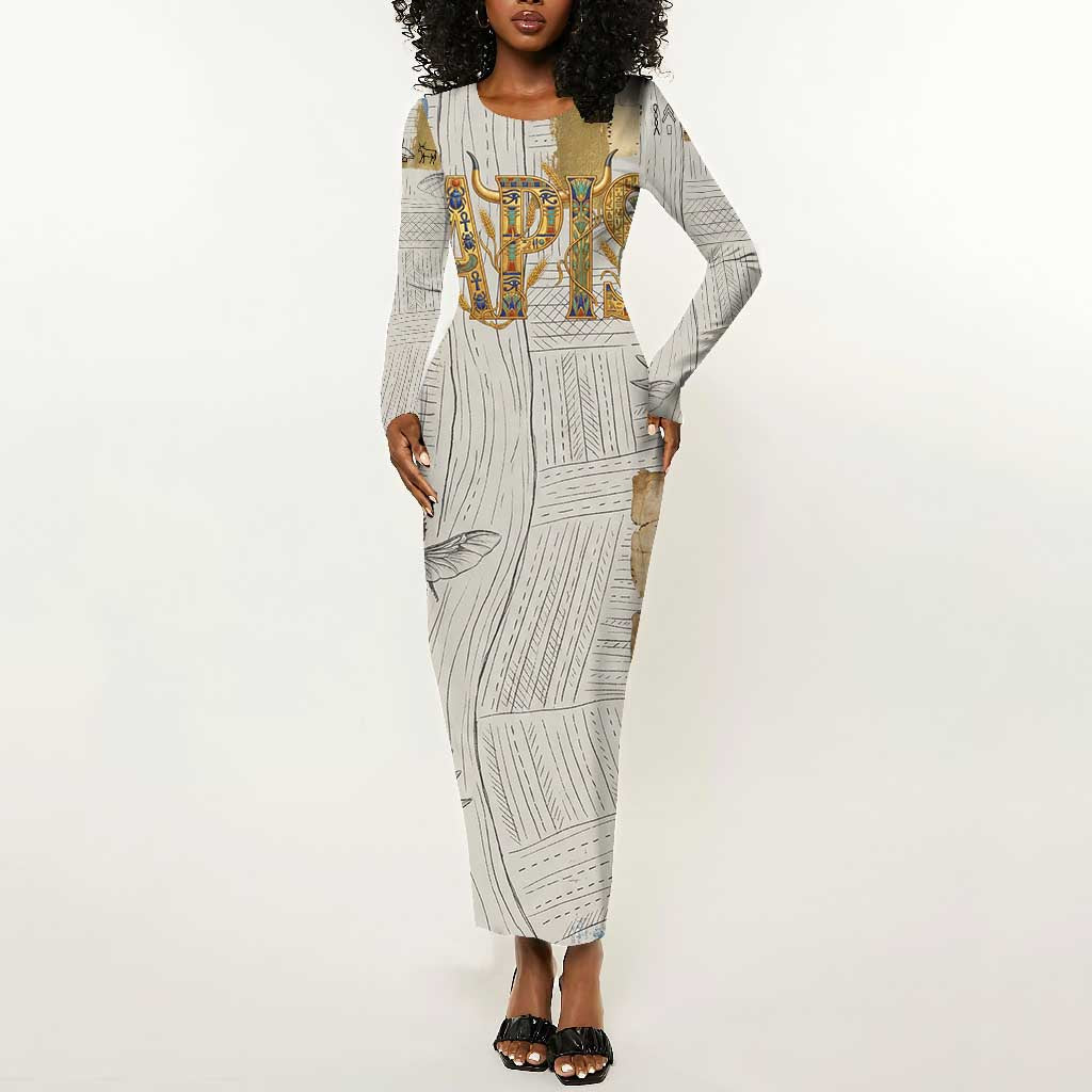 Apis Ancient Egyptian Long Sleeve Bodycon Dress with Beige-Gray Hieroglyphic, Ornate Bull Head, and Gold-Blue Typography - African Pride