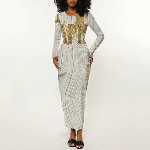 Apis Ancient Egyptian Long Sleeve Bodycon Dress with Beige-Gray Hieroglyphic, Ornate Bull Head, and Gold-Blue Typography - African Pride