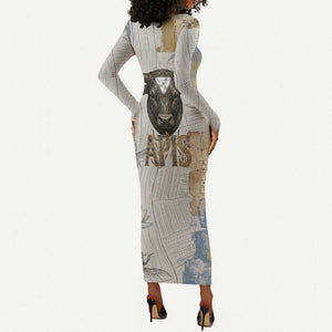 Apis Ancient Egyptian Long Sleeve Bodycon Dress with Beige-Gray Hieroglyphic, Ornate Bull Head, and Gold-Blue Typography - African Pride