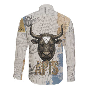 Apis Ancient Egyptian Long Sleeve Button Shirt with Beige-Gray Hieroglyphic, Ornate Bull Head, and Gold-Blue Typography - African Pride