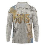 Apis Ancient Egyptian Long Sleeve Polo Shirt with Beige-Gray Hieroglyphic, Ornate Bull Head, and Gold-Blue Typography - African Pride