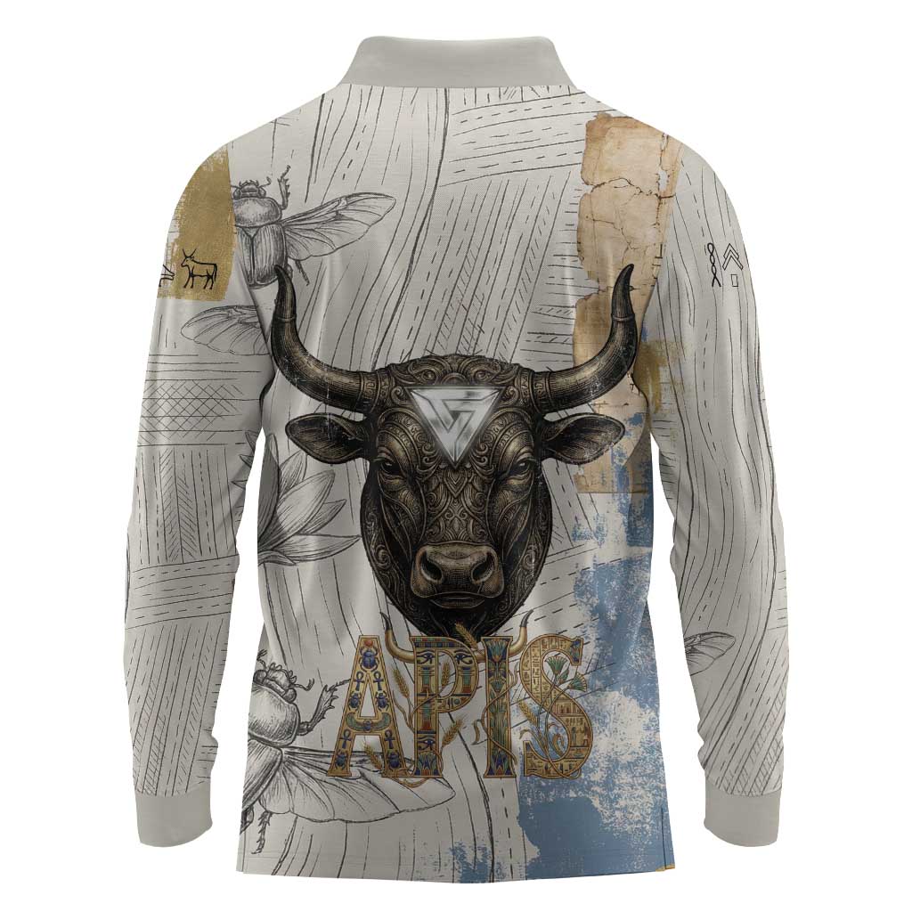 Apis Ancient Egyptian Long Sleeve Polo Shirt with Beige-Gray Hieroglyphic, Ornate Bull Head, and Gold-Blue Typography - African Pride