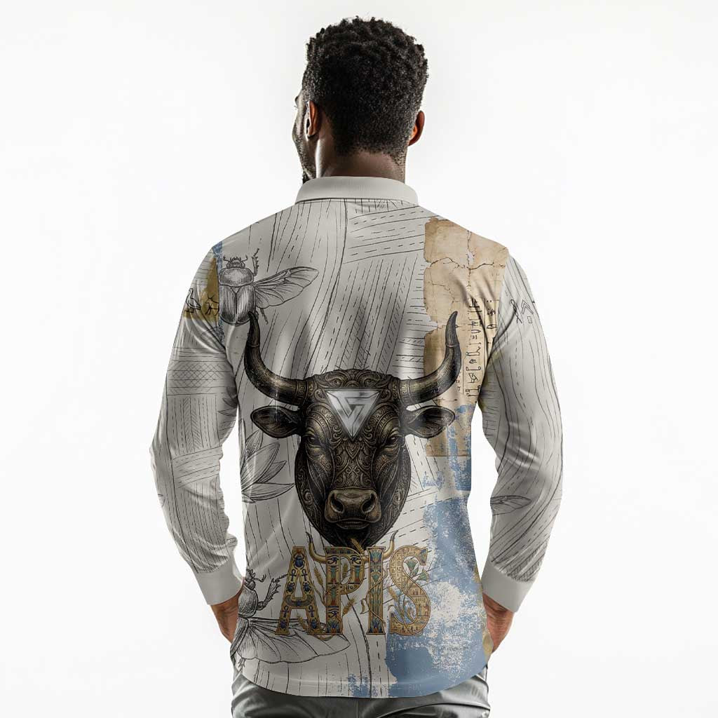 Apis Ancient Egyptian Long Sleeve Polo Shirt with Beige-Gray Hieroglyphic, Ornate Bull Head, and Gold-Blue Typography - African Pride