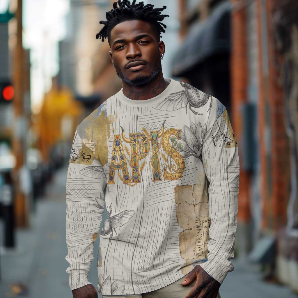 Apis Ancient Egyptian Long Sleeve Shirt with Beige-Gray Hieroglyphic, Ornate Bull Head, and Gold-Blue Typography - African Pride