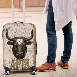 Apis Ancient Egyptian Luggage Cover with Beige-Gray Hieroglyphic, Ornate Bull Head, and Gold-Blue Typography - African Pride