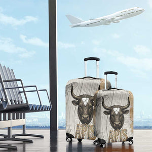 Apis Ancient Egyptian Luggage Cover with Beige-Gray Hieroglyphic, Ornate Bull Head, and Gold-Blue Typography - African Pride