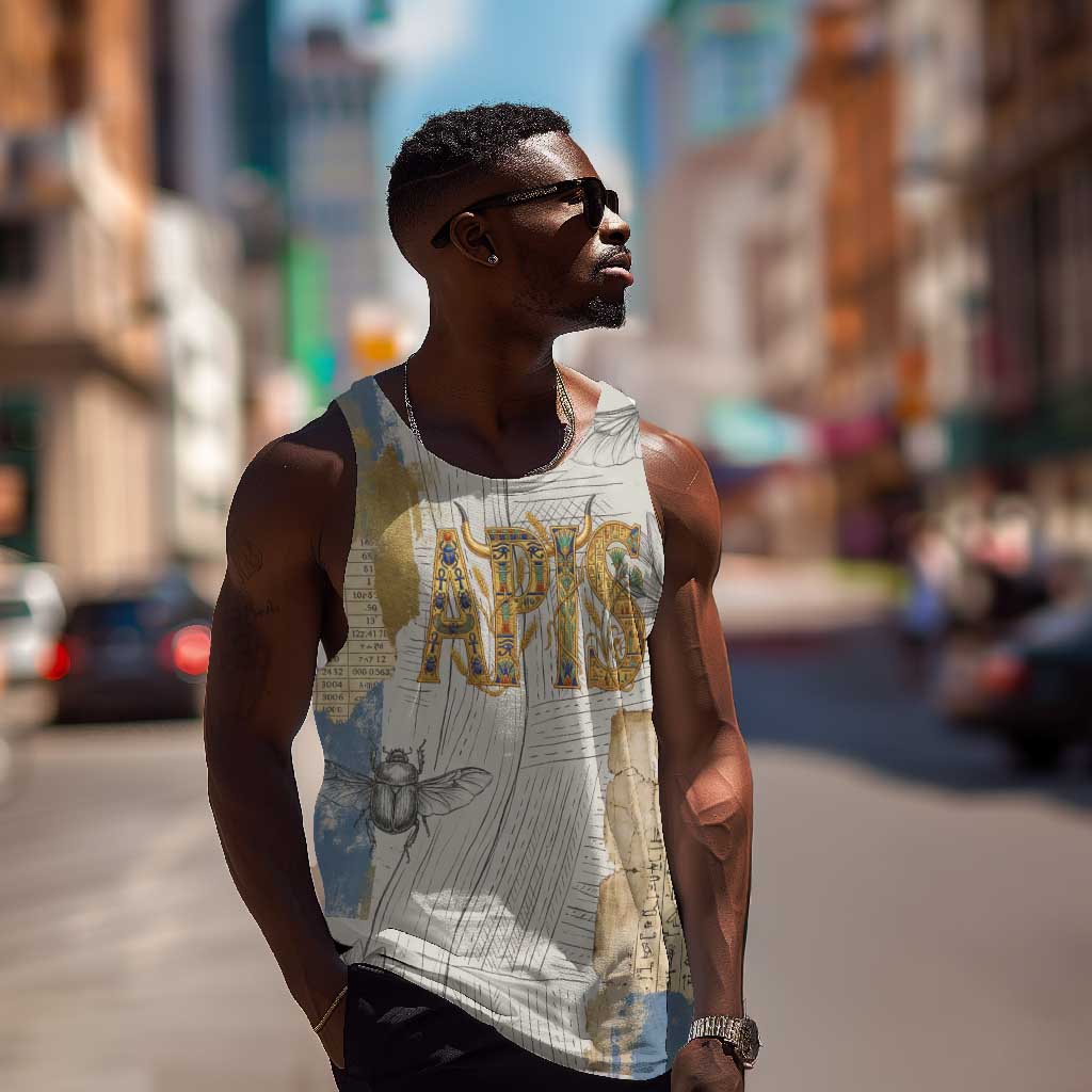 Apis Ancient Egyptian Men Tank Top with Beige-Gray Hieroglyphic, Ornate Bull Head, and Gold-Blue Typography - African Pride