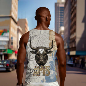 Apis Ancient Egyptian Men Tank Top with Beige-Gray Hieroglyphic, Ornate Bull Head, and Gold-Blue Typography - African Pride