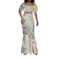 Apis Ancient Egyptian Mermaid Dress with Beige-Gray Hieroglyphic, Ornate Bull Head, and Gold-Blue Typography - African Pride