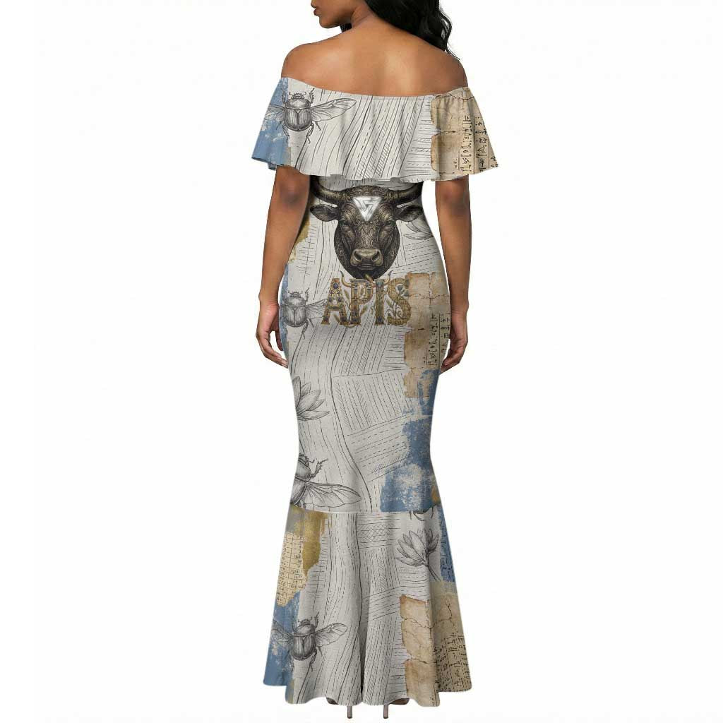 Apis Ancient Egyptian Mermaid Dress with Beige-Gray Hieroglyphic, Ornate Bull Head, and Gold-Blue Typography - African Pride