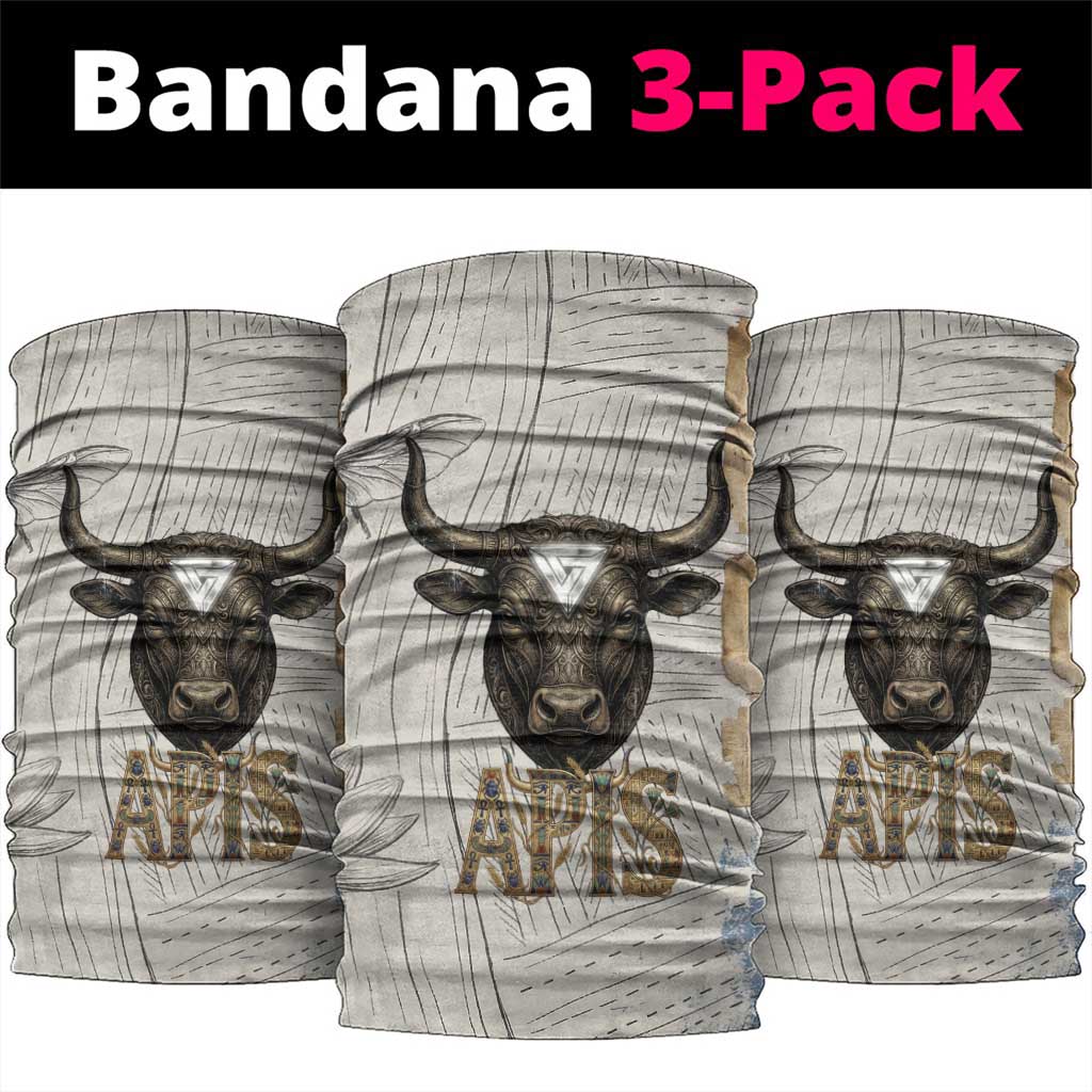 Apis Ancient Egyptian Neck Gaiter with Beige-Gray Hieroglyphic, Ornate Bull Head, and Gold-Blue Typography - African Pride